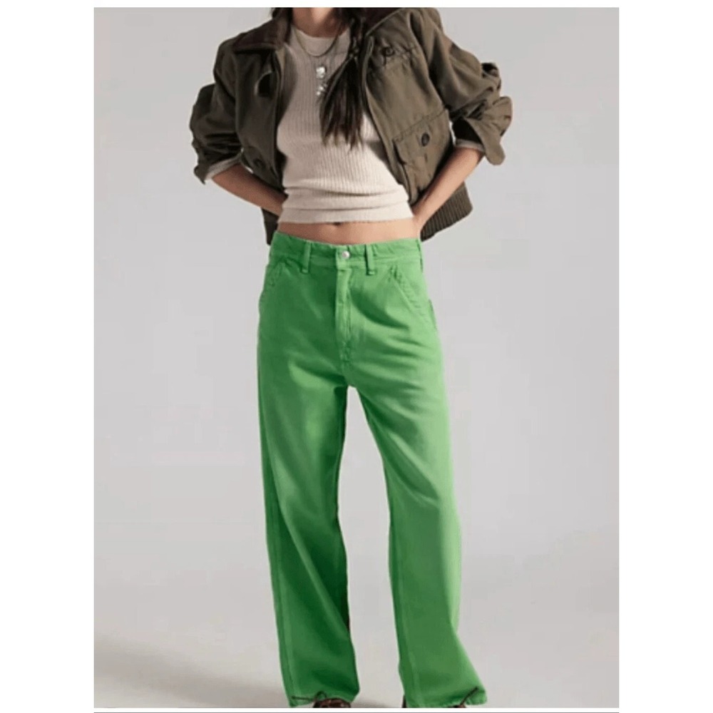 We The Free People Easton Low Rise Jeans Green 30 Relaxed Boyfriend Workwear